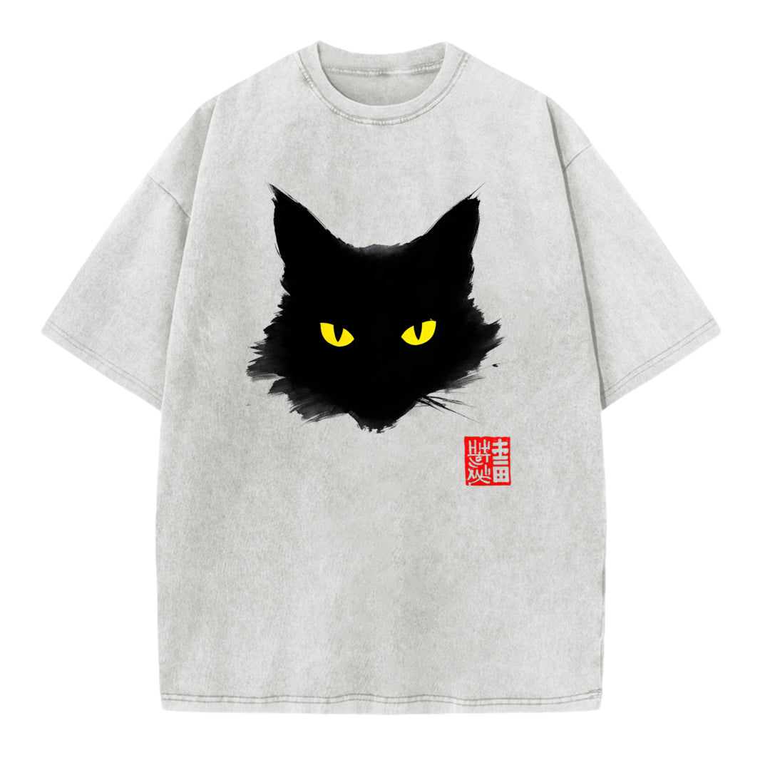 Ink Wash Black Cat Print Washed T-Shirt