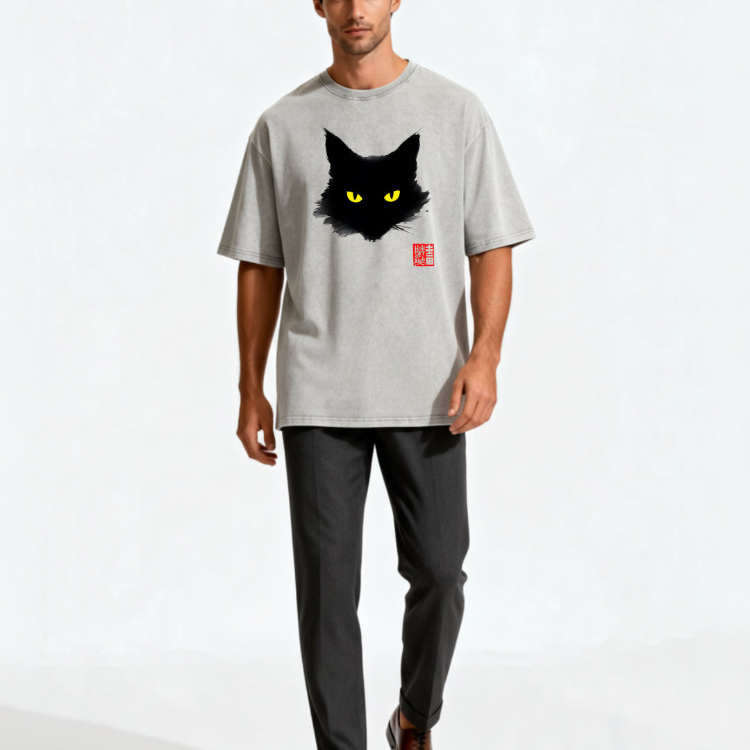 Ink Wash Black Cat Print Washed T-Shirt
