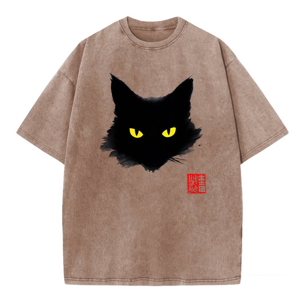Ink Wash Black Cat Print Washed T-Shirt
