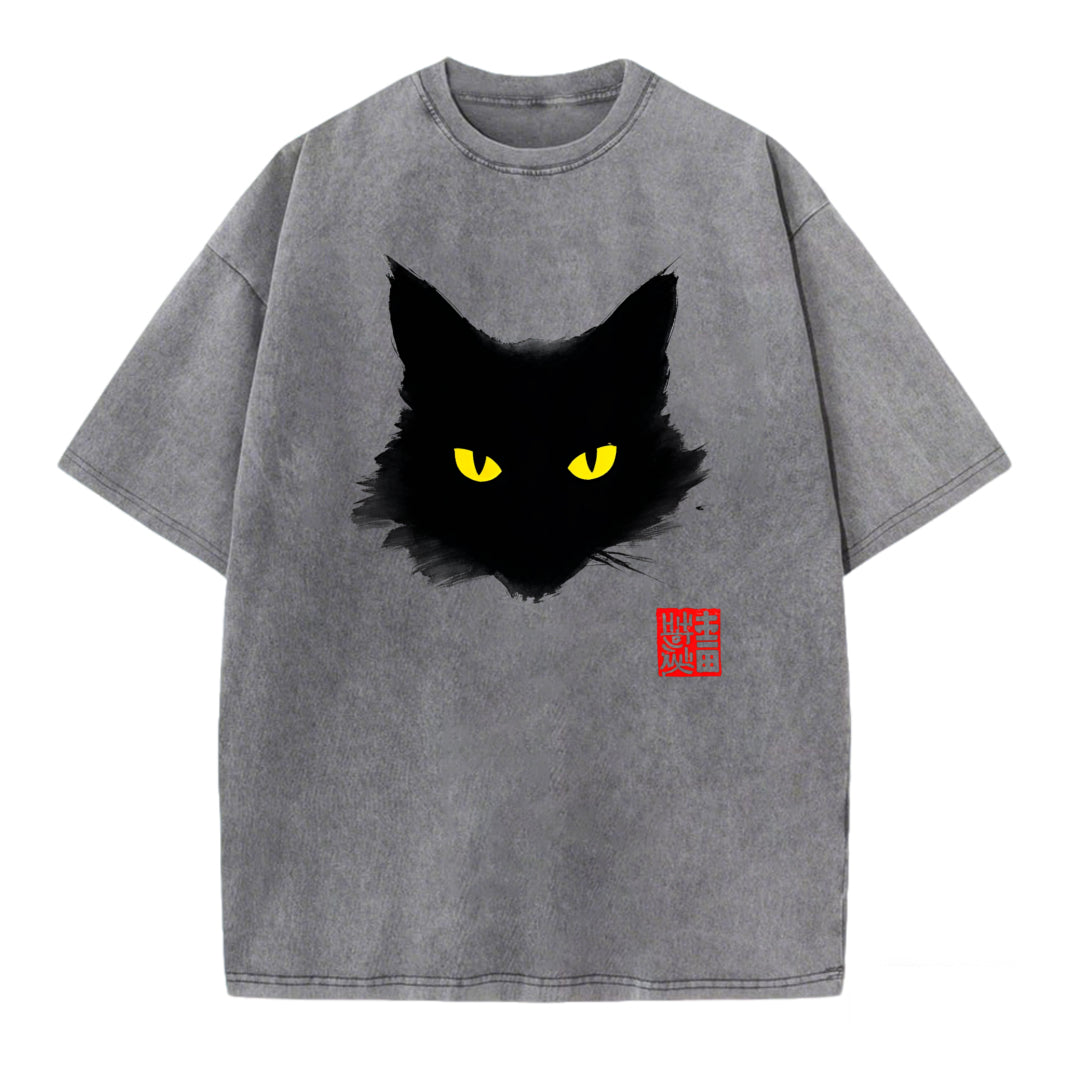 Ink Wash Black Cat Print Washed T-Shirt