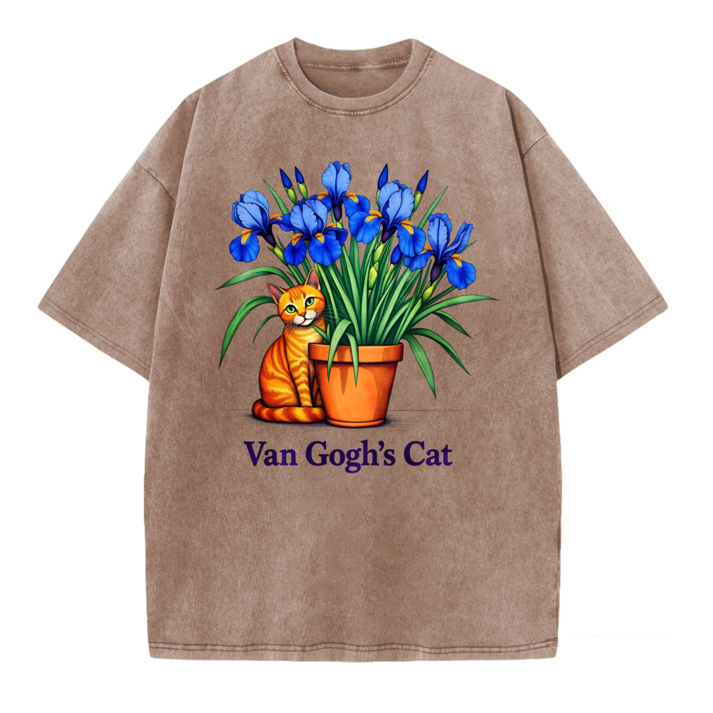 Van Gogh Cat Art T-Shirt With Iris Flower And Orange Cat Design For Men Women Unisex Casual Wear