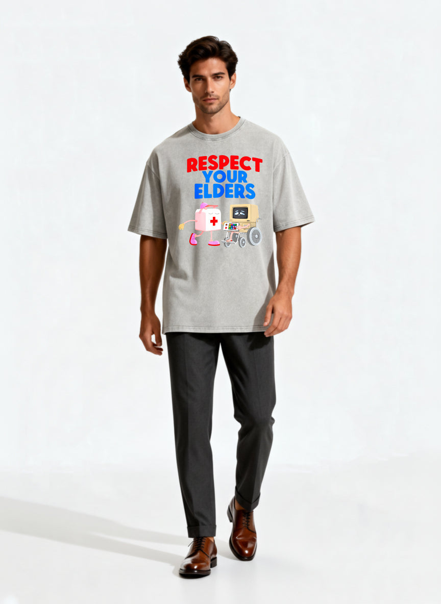 Respect Your Elders T Shirt With Cartoon First Aid Kit And Computer In Wheelchair Design For Fun And Humorous Statement Wear
