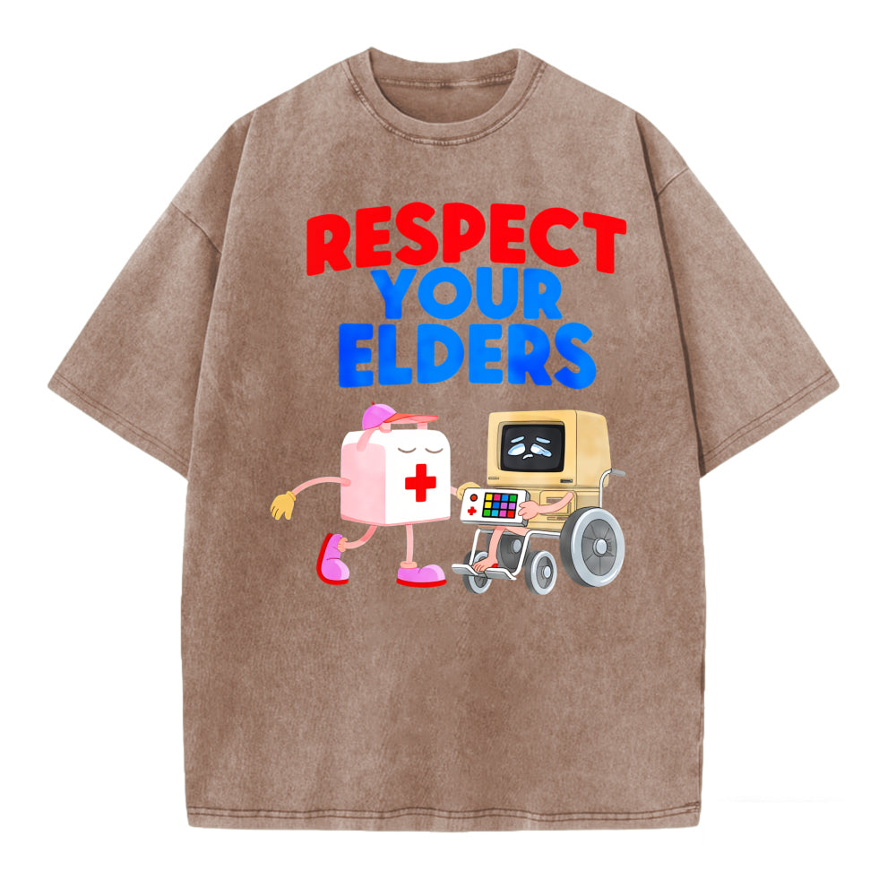 Respect Your Elders T Shirt With Cartoon First Aid Kit And Computer In Wheelchair Design For Fun And Humorous Statement Wear