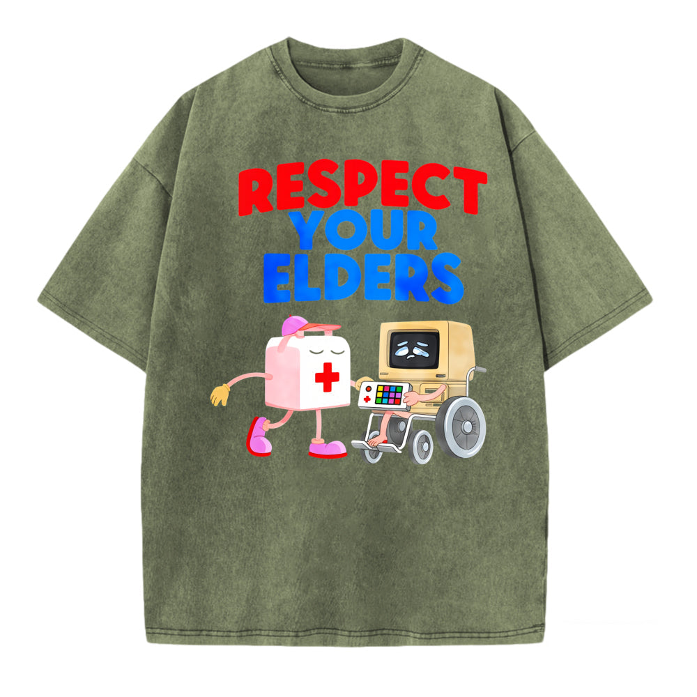 Respect Your Elders T Shirt With Cartoon First Aid Kit And Computer In Wheelchair Design For Fun And Humorous Statement Wear