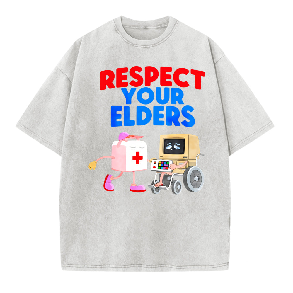 Respect Your Elders T Shirt With Cartoon First Aid Kit And Computer In Wheelchair Design For Fun And Humorous Statement Wear